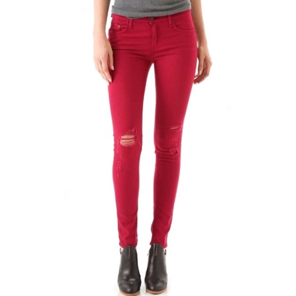red distressed skinny jeans